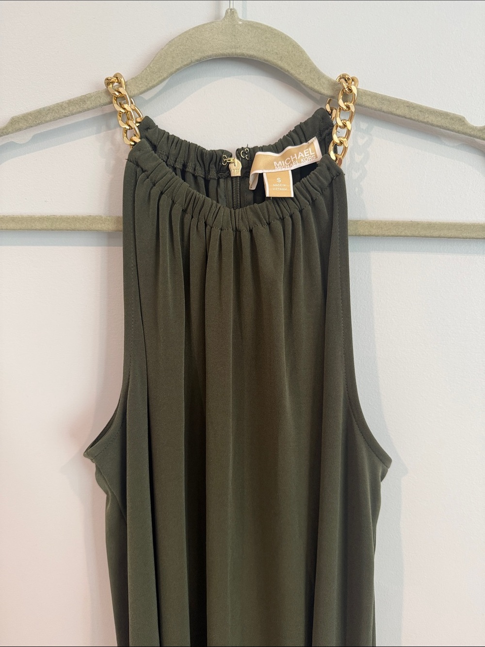Michael Kors Olive Midi Dress with Gold Chain Straps